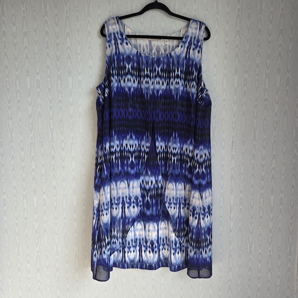 Notations 2X Shift Dress Knit Chiffon Blue Tie Dye Sleeveless Flowy Boho Career